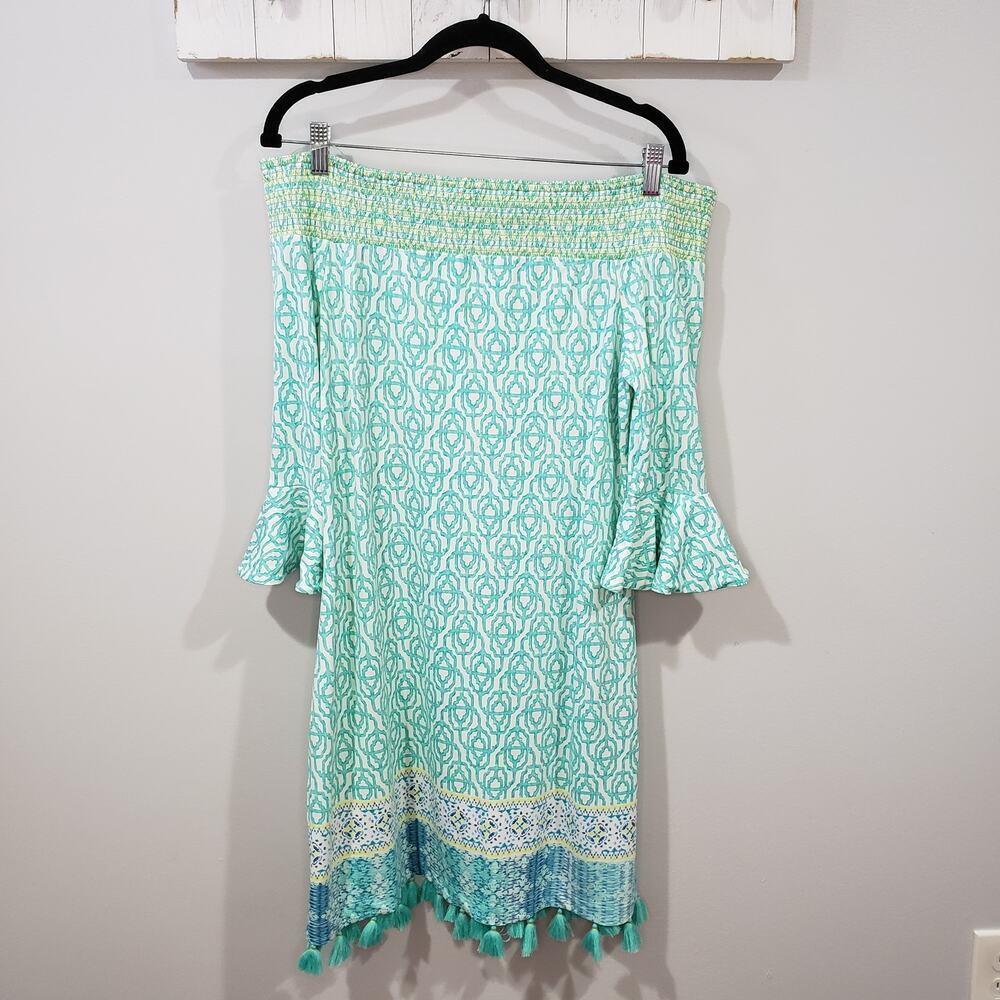 Cabana Life Off Shoulder Dress Coastal Cottage Bell Sleeve Blue Tassel Women’s L